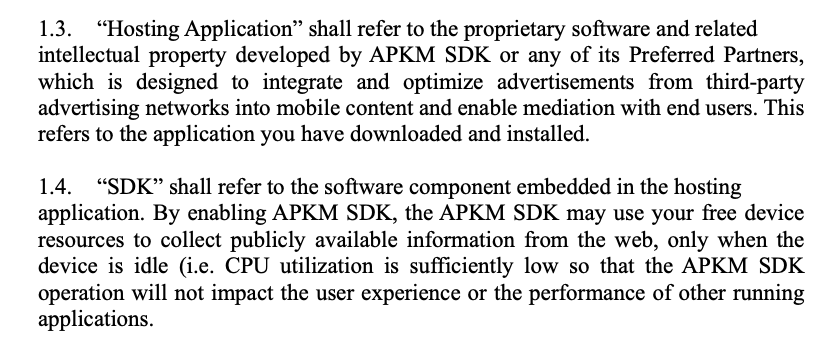 Terms of Service excerpt about the hosting application and SDK