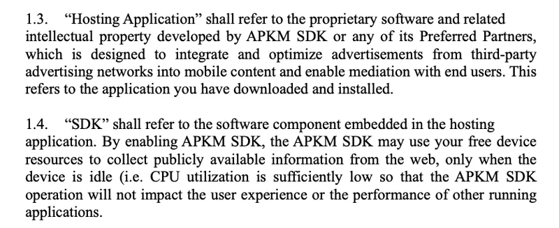 Terms of Service excerpt about the hosting application and SDK