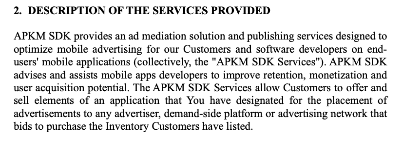 Terms of Service excerpt describing the services provided