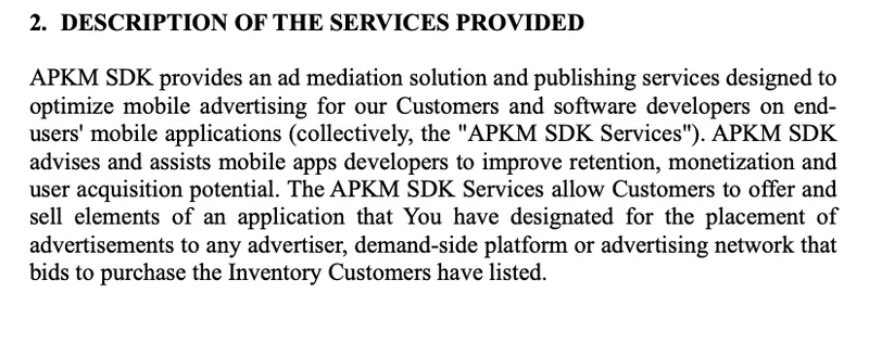 Terms of Service excerpt describing the services provided