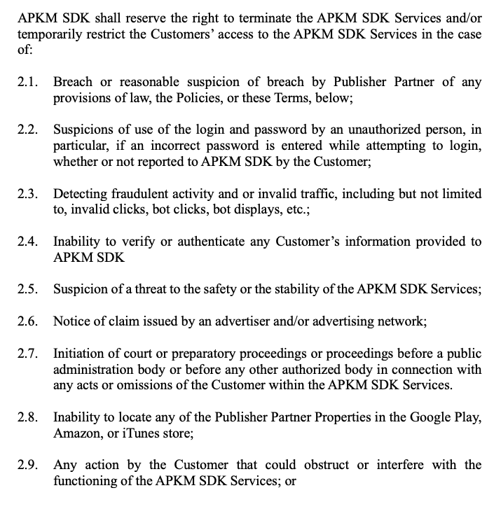 Terms of Service excerpt about service restrictions and termination
