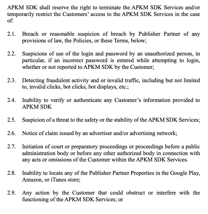 Terms of Service excerpt about service restrictions and termination